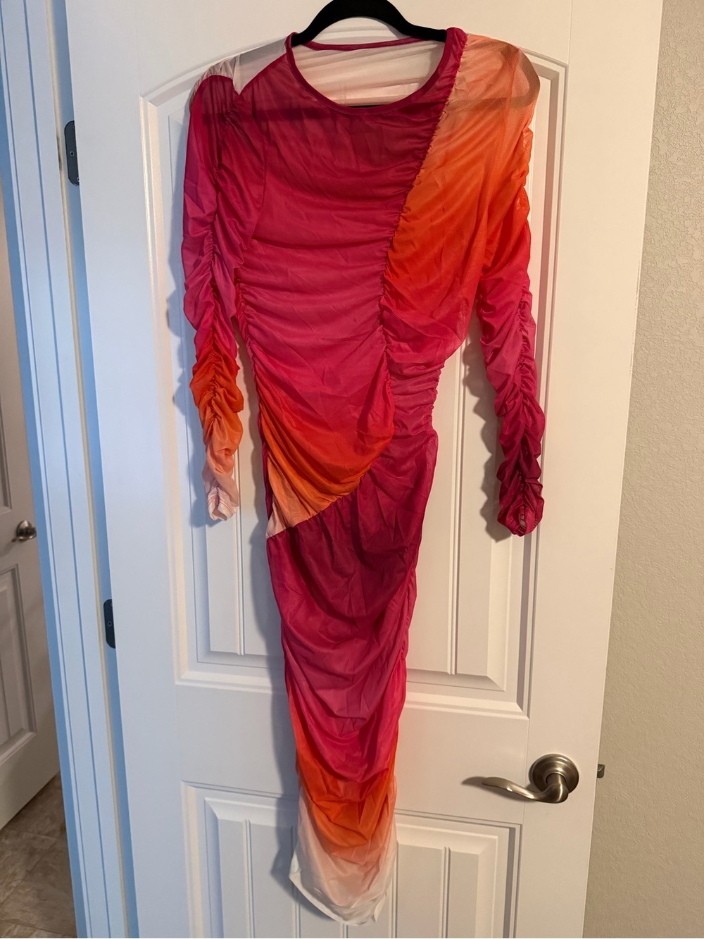 Ruched Ombre Pink-Orange Long Sleeve Dress